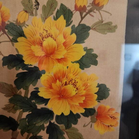 Vintage Framed Japanese, Asian, Floral Bird Print With Calligraphy On silk - Picture 2 of 3